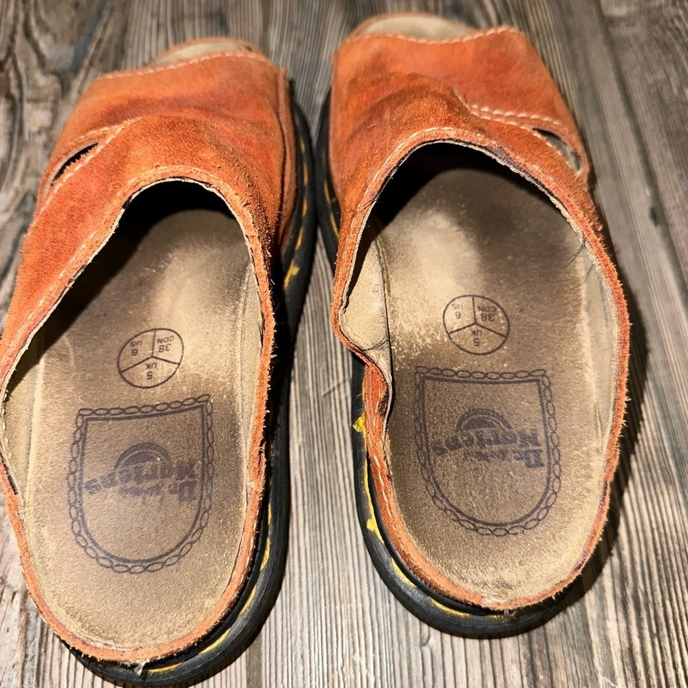 Vintage Dr. Martens 90’s Orange Suede Slide Sandals
Classic Yellow Stitch Size 6 - Picture 7 of 9
